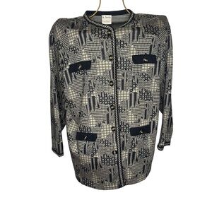 Vintage Aileen Chic Black and Cream Women's Button Up Aztec Sweater - Size XL